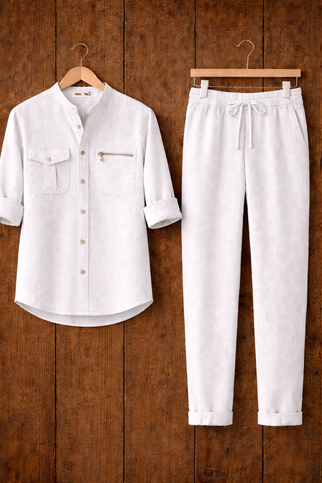 Mens Button Up Cotton Full Sleeve Shirt and Pants Set TTMSPTS115 - White