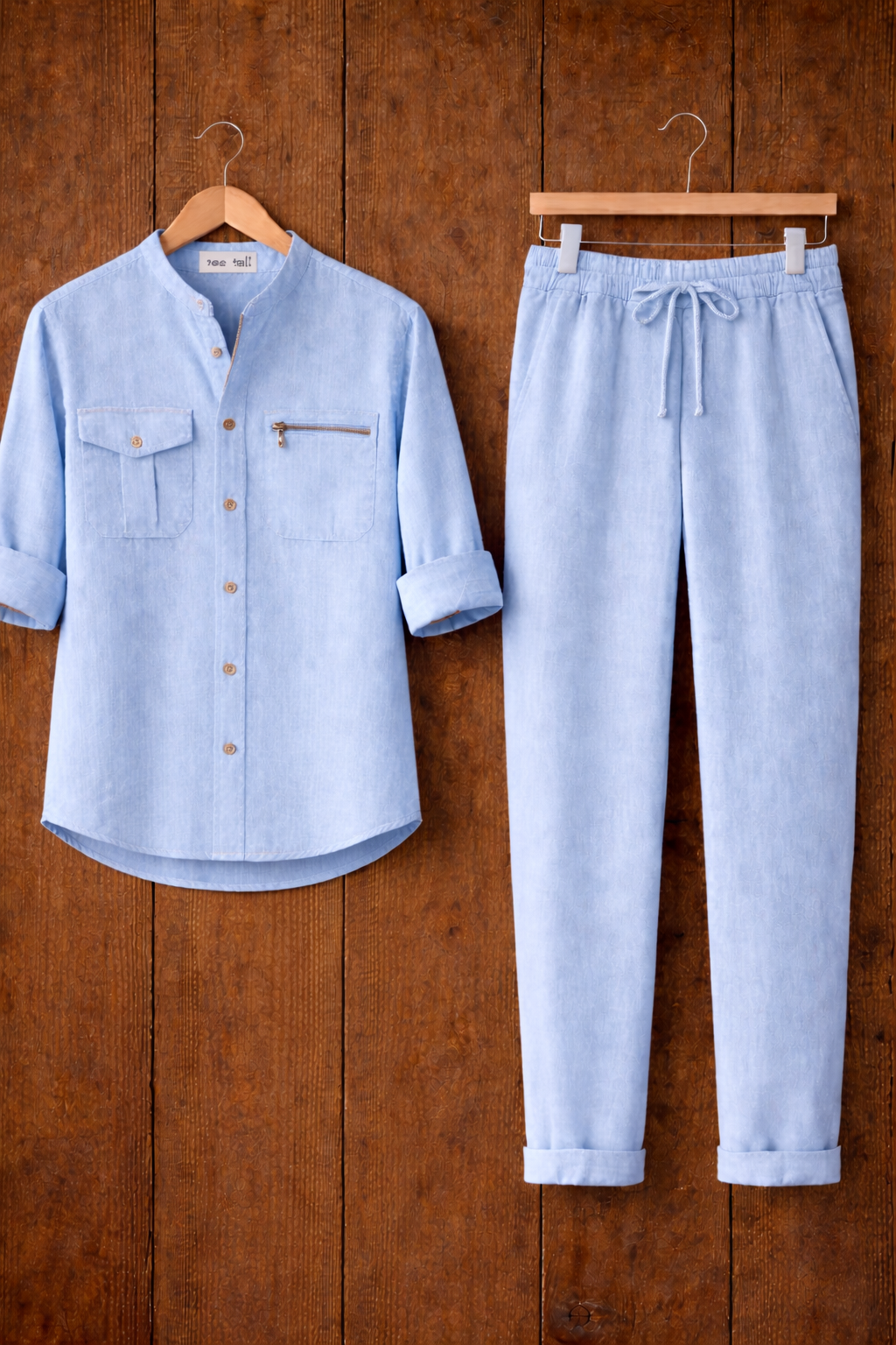 Mens Button Up Cotton Full Sleeve Shirt and Pants Set TTMSPTS116 - Light Blue