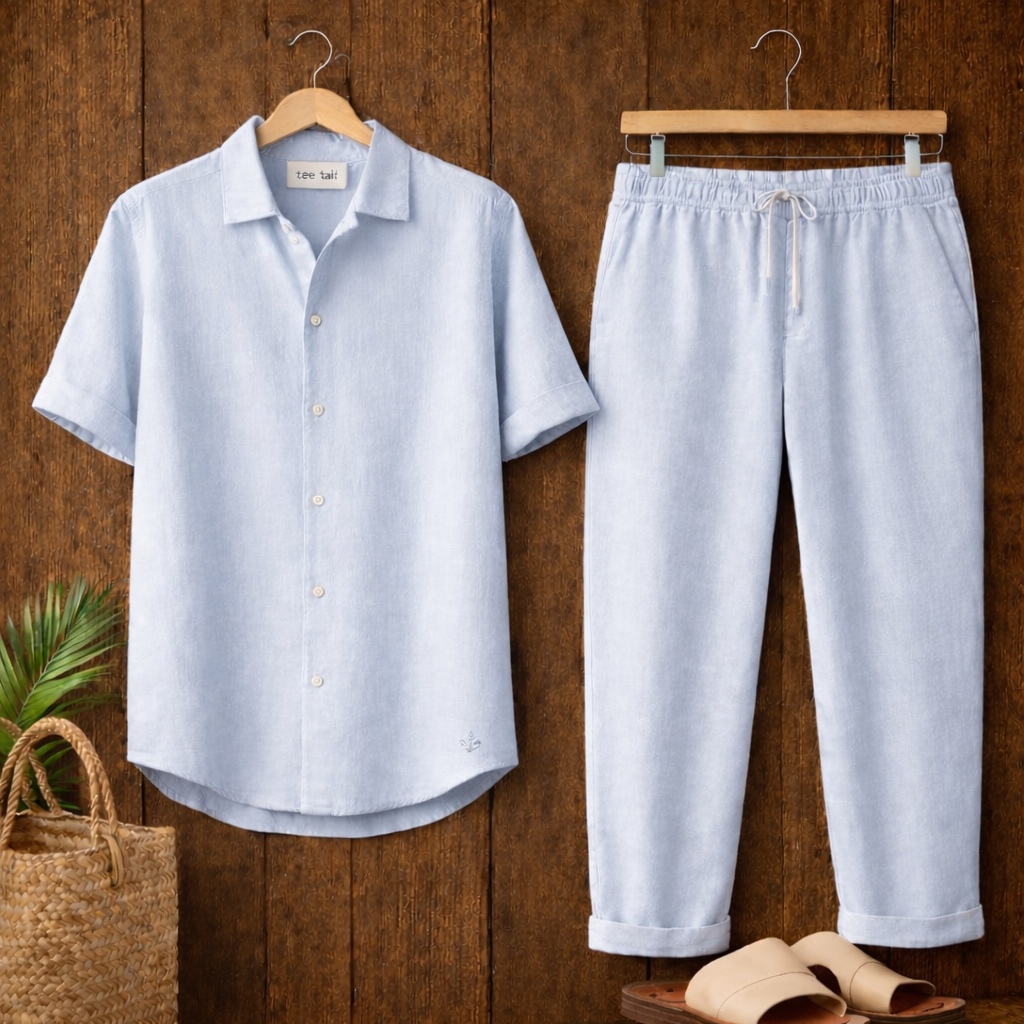 Mens Button Up Cotton Full Sleeve Shirt and Pants Set TTMSPTS133 - Light Blue