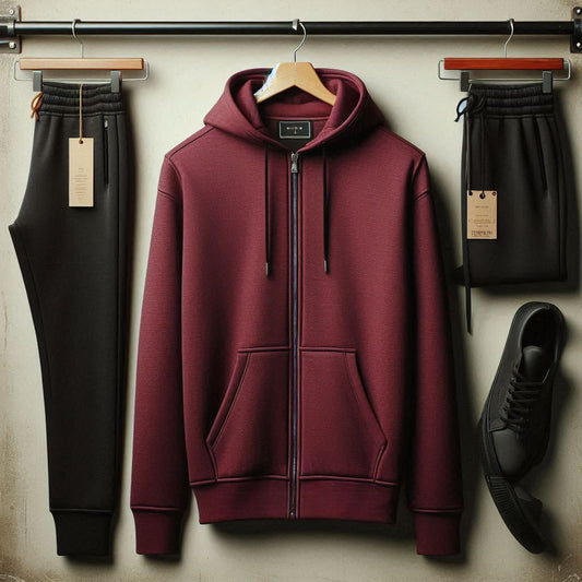 Mens Plain Zip Hoodie and Pants Set by Tee Tall - MPZIPHPSET1 - Maroon Black