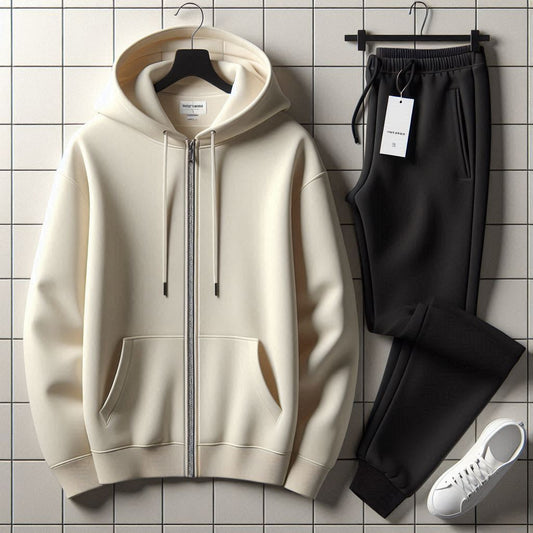 Mens Plain Zip Hoodie and Pants Set by Tee Tall - MPZIPHPSET1 - Cream Black