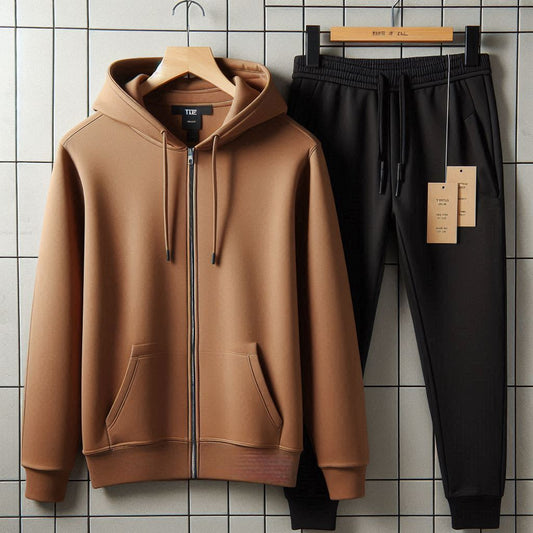 Mens Plain Zip Hoodie and Pants Set by Tee Tall - MPZIPHPSET1 - Brown Black