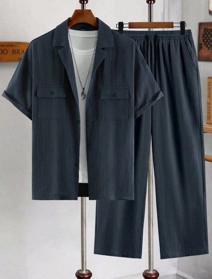 Mens Viscose Pants + Shirt Set - TTVMS4 - Navy Blue