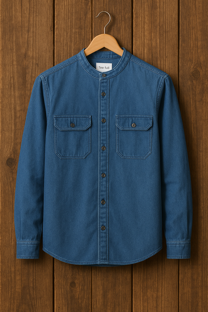 Mens Button Up Cotton Chambray Denim Full Sleeve Shirt TTMBUS57 - Blue