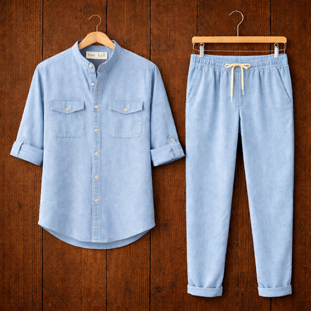 Mens Button Up Cotton Full Sleeve Shirt and Pants Set TTMSPTS126 - Light Blue