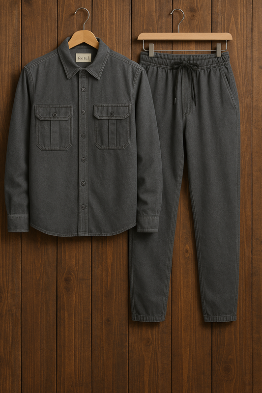 Mens Button Up Cotton Chambray Denim Full Sleeve Shirt and Pants Set TTMSPTS1 - Grey