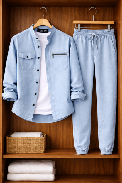 Mens Button Up Cotton Full Sleeve Shirt and Pants Set TTMSPTS112 - Light Blue