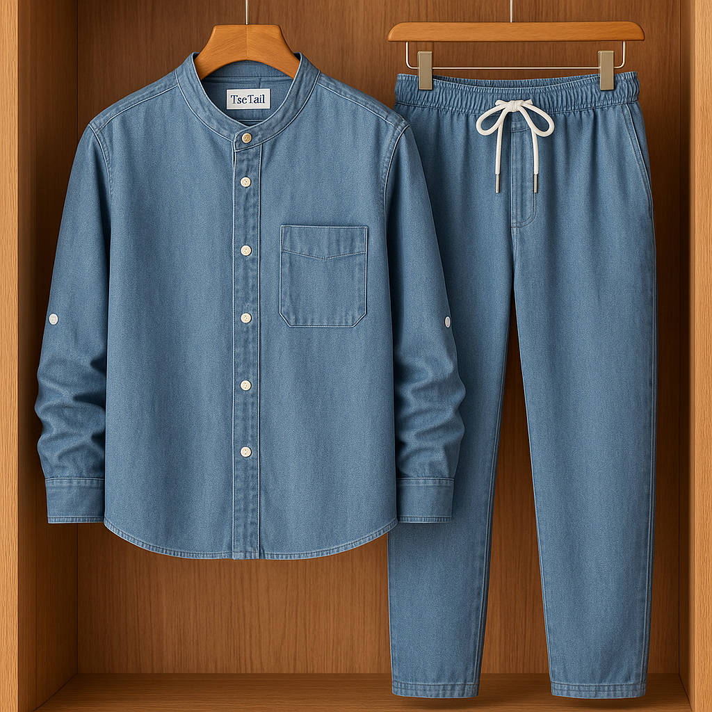 Mens Button Up Cotton Chambray Denim Full Sleeve Shirt and Pants Set TTMSPTS5 - Blue