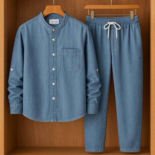 Mens Button Up Cotton Chambray Denim Full Sleeve Shirt and Pants Set TTMSPTS5 - Blue