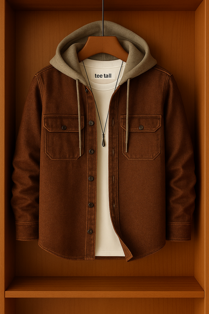 Mens Button Up Cotton Hooded Full Sleeve Shirt TTMBUS84 - Brown