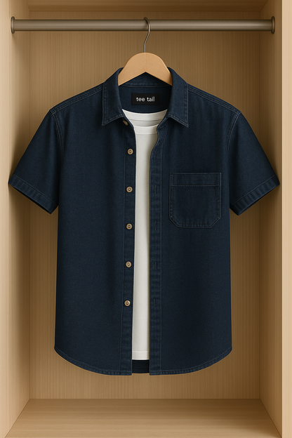 Mens Button Up Half Sleeve Chambray Denim Cotton Shirt TTMBUS43 - Blue