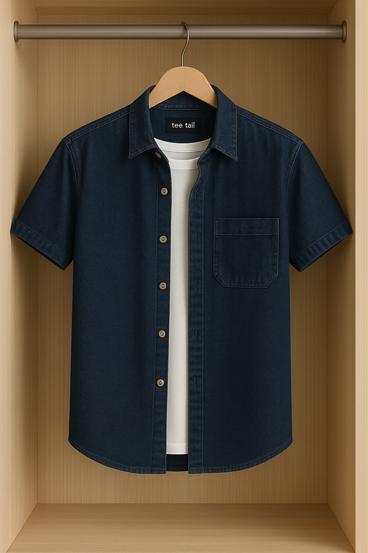 Mens Button Up Half Sleeve Chambray Denim Cotton Shirt TTMBUS43 - Blue