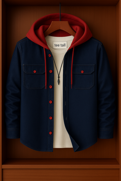 Mens Button Up Cotton Chambray Denim Hooded Full Sleeve Shirt TTMBUS116 - Blue