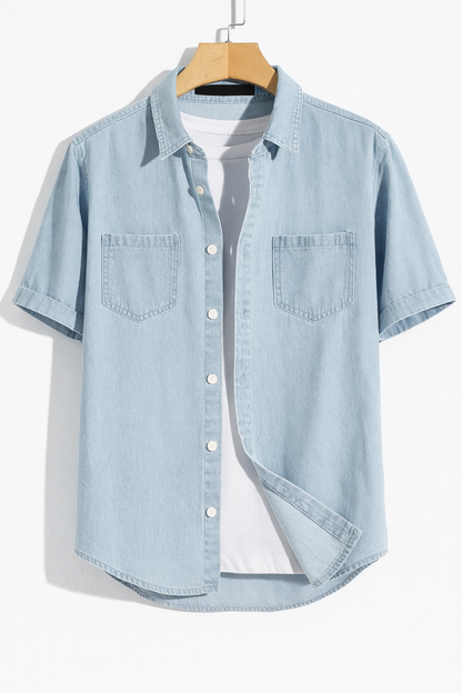 Mens Button Up Denim Chambray Cotton Shirt TTMBUS177 - Blue