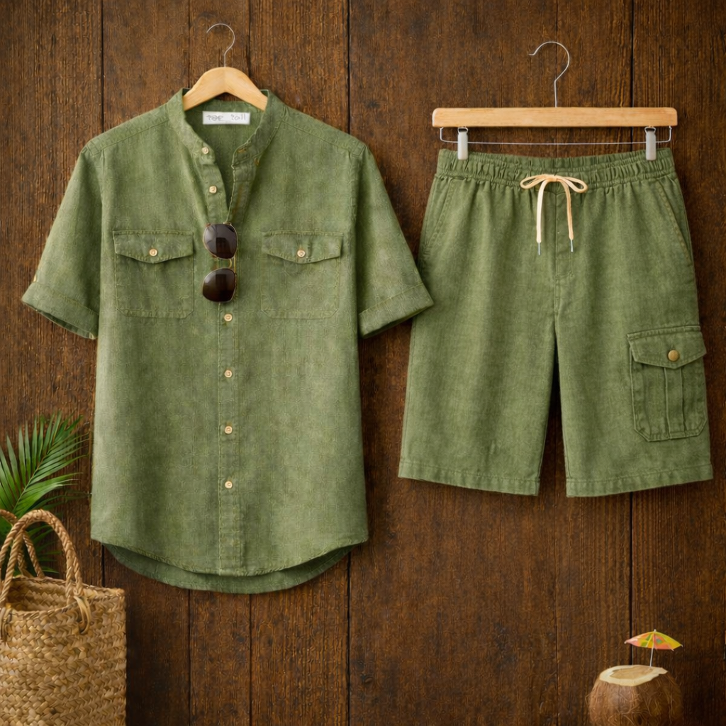 Mens Button Up Cotton Full Sleeve Shirt and Shorts Set TTMSPTS134 - Green