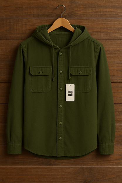 Mens Button Up Cotton Hooded Full Sleeve Shirt TTMBUS99 - Green