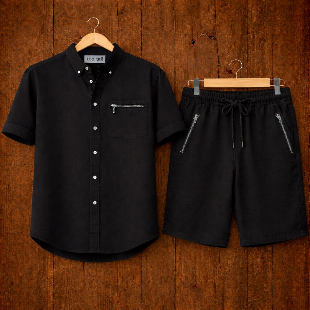 Mens Button Up Cotton Full Sleeve Shirt and Shorts Set TTMSPTS106 - Black