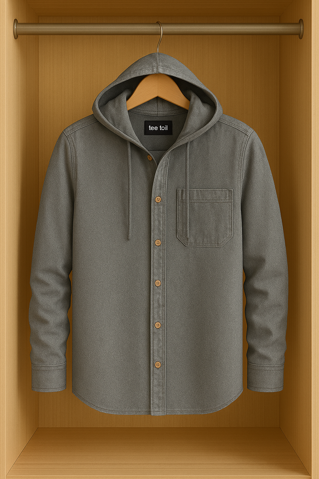 Mens Button Up Cotton Chambray Denim Full Sleeve Hooded Shirt TTMBUS79 - Grey