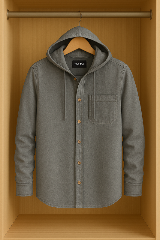 Mens Button Up Cotton Chambray Denim Full Sleeve Hooded Shirt TTMBUS79 - Grey