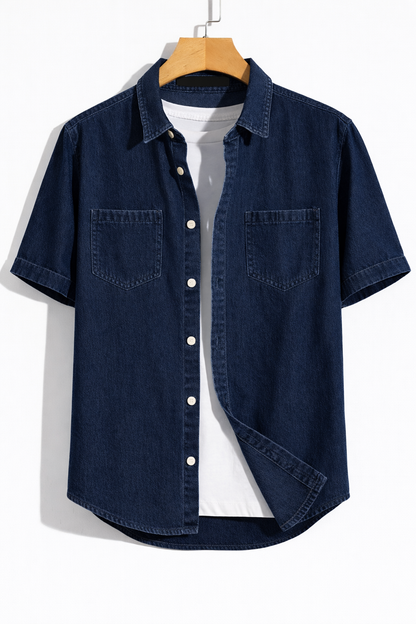 Mens Button Up Denim Chambray Cotton Shirt TTMBUS176 - Blue