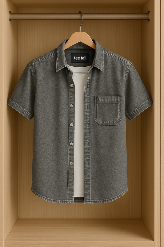 Mens Button Up Half Sleeve Chambray Denim Cotton Shirt TTMBUS44 - Grey