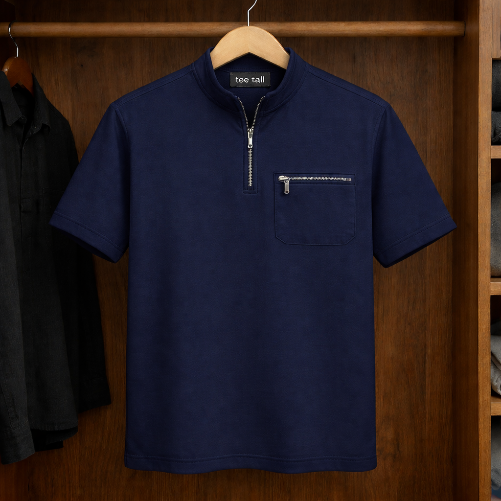 Mens Zip Up Half Sleeve T-Shirt TTMCTS1 - Navy Blue