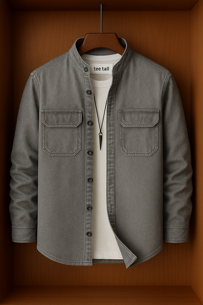 Mens Button Up Cotton Chambray Denim Full Sleeve Shirt TTMBUS77 - Grey