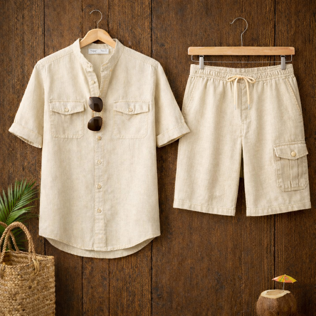 Mens Button Up Cotton Full Sleeve Shirt and Shorts Set TTMSPTS135 - Cream