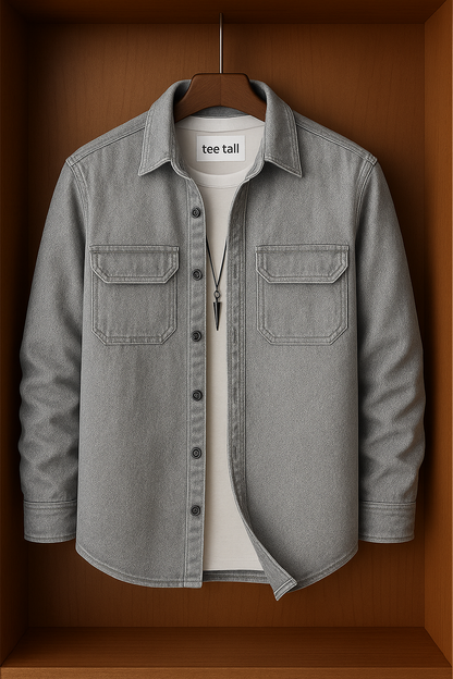 Mens Button Up Cotton Chambray Denim Full Sleeve Shirt TTMBUS76 - Grey