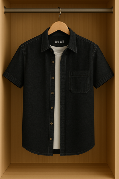 Mens Button Up Half Sleeve Chambray Denim Cotton Shirt TTMBUS48 - Black