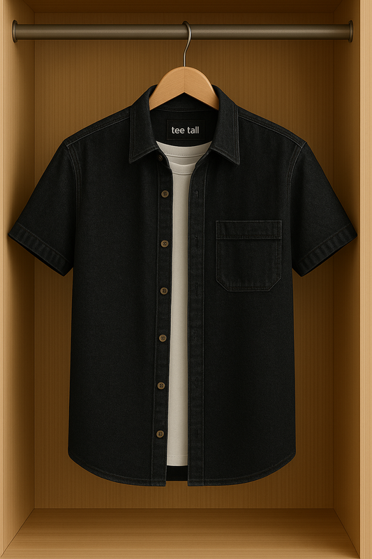 Mens Button Up Half Sleeve Chambray Denim Cotton Shirt TTMBUS48 - Black