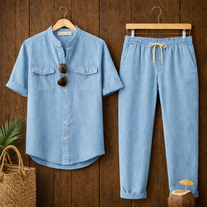 Mens Button Up Cotton Full Sleeve Shirt and Pants Set TTMSPTS137 - Light Blue