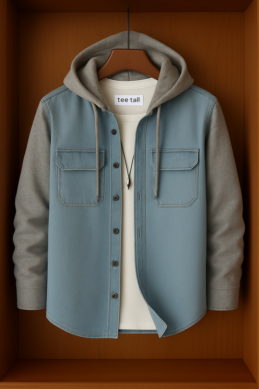 Mens Button Up Cotton Chambray Denim Hooded Full Sleeve Shirt TTMBUS111 - Blue