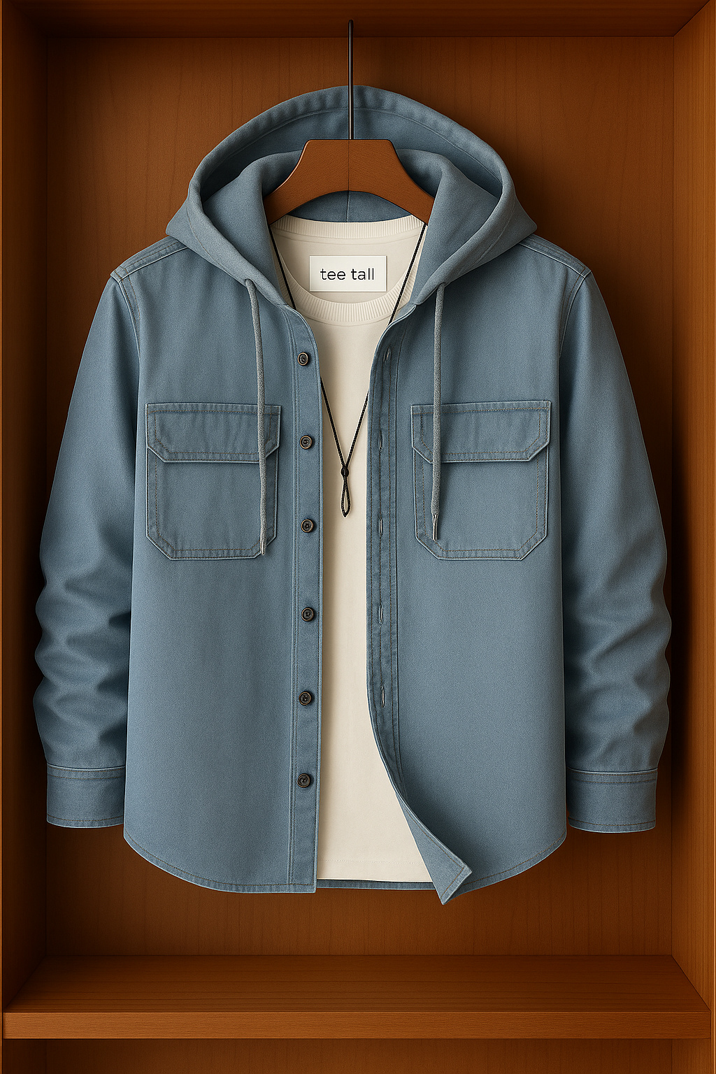 Mens Button Up Cotton Chambray Denim Hooded Full Sleeve Shirt TTMBUS78- Blue