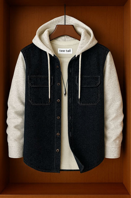 Mens Button Up Cotton Chambray Denim Hooded Full Sleeve Shirt TTMBUS126 - Blue