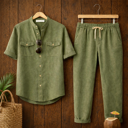Mens Button Up Cotton Full Sleeve Shirt and Pants Set TTMSPTS131 - Green