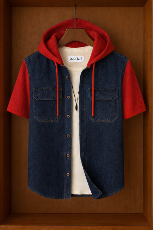 Mens Button Up Cotton Chambray Denim Hooded Full Sleeve Shirt TTMBUS178 - Blue