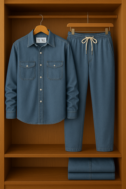 Mens Button Up Cotton Chambray Denim Full Sleeve Shirt and Pants Set TTMSPTS8 - Blue