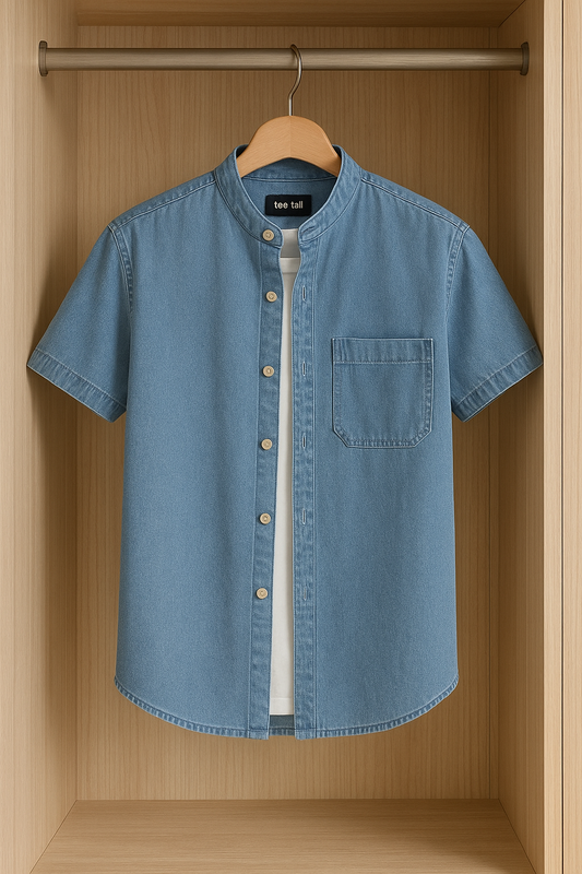 Mens Button Up Half Sleeve Chambray Denim Cotton Shirt TTMBUS34 - Blue