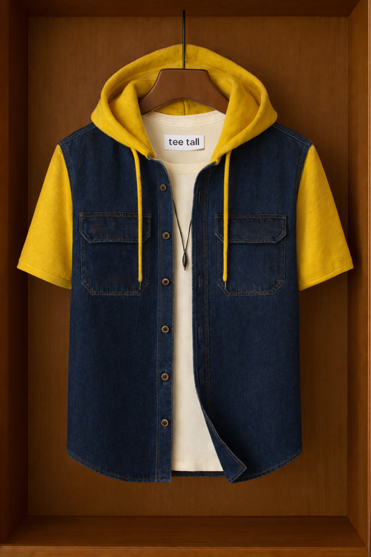 Mens Button Up Cotton Chambray Denim Hooded Full Sleeve Shirt TTMBUS169 - Blue