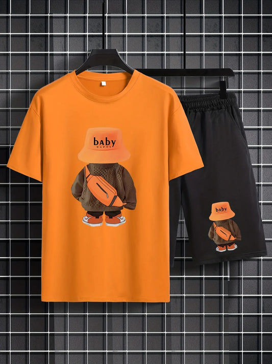 Mens Summer Shorts + T-Shirt Set - TTMSS160 - Orange Black