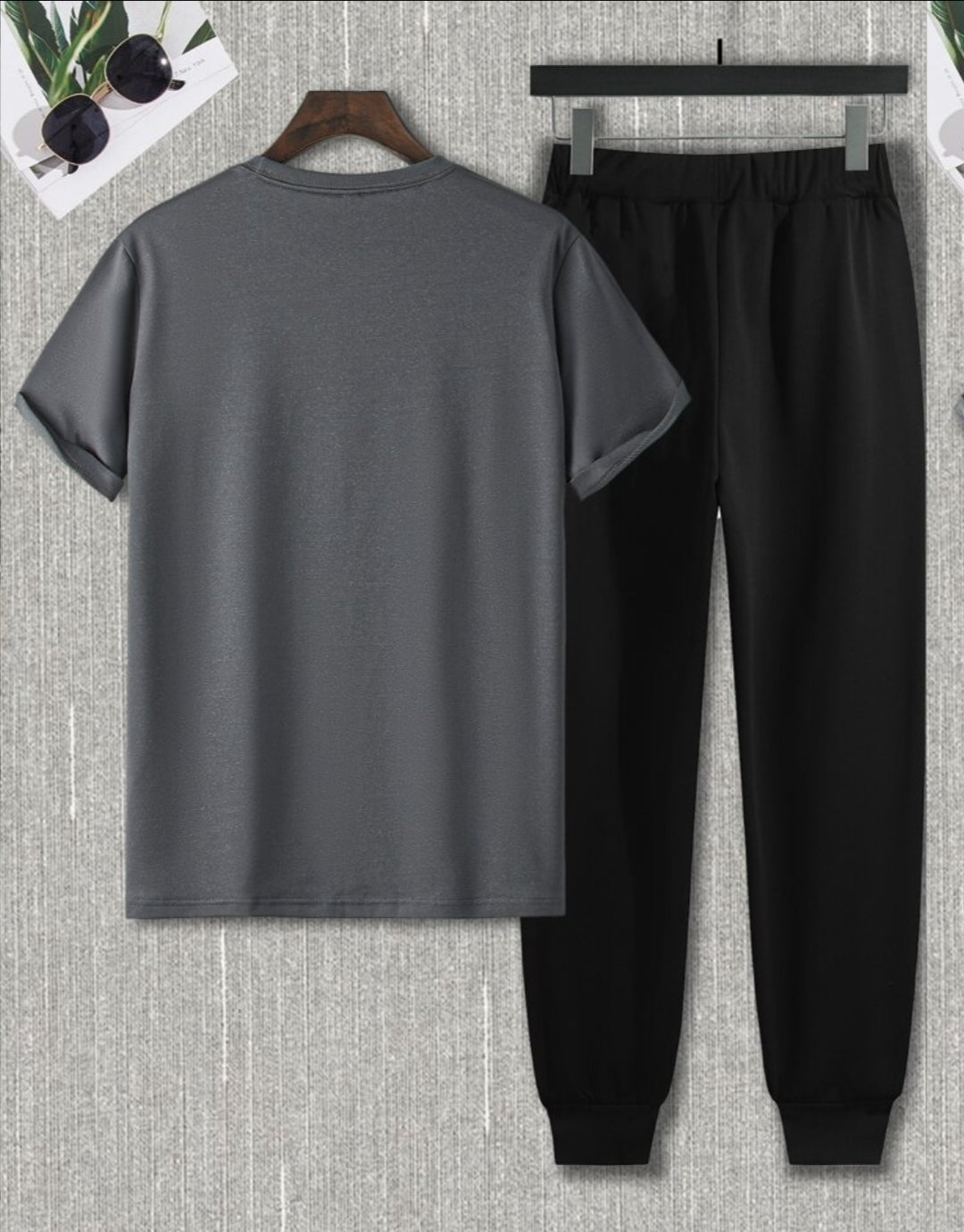 Mens Summer Pants + T-Shirt Set - TTMSTS7 - Charcoal Black